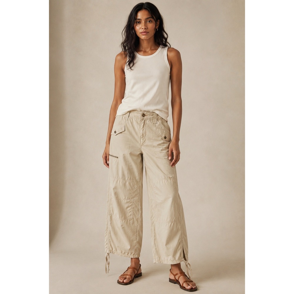 Anthropologie Tan Cargo Pants Wide Leg Utility Drawstring Hem Beige Size 26